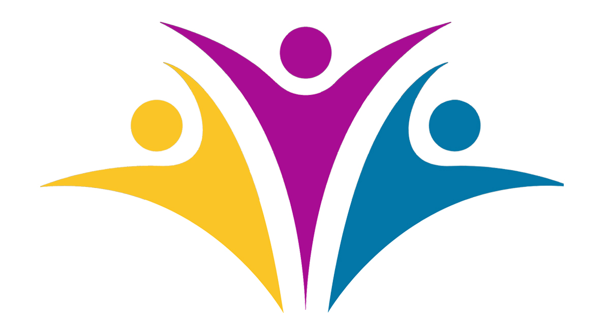 2025 Stewardship logo. Three colorful symbols of people rising up, one yellow, one purple, and one blue.