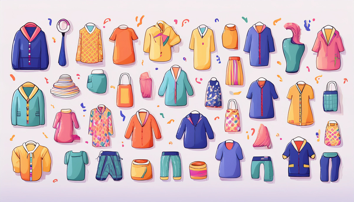 Illustration of children's clothing, baby to teen, for clothing swap