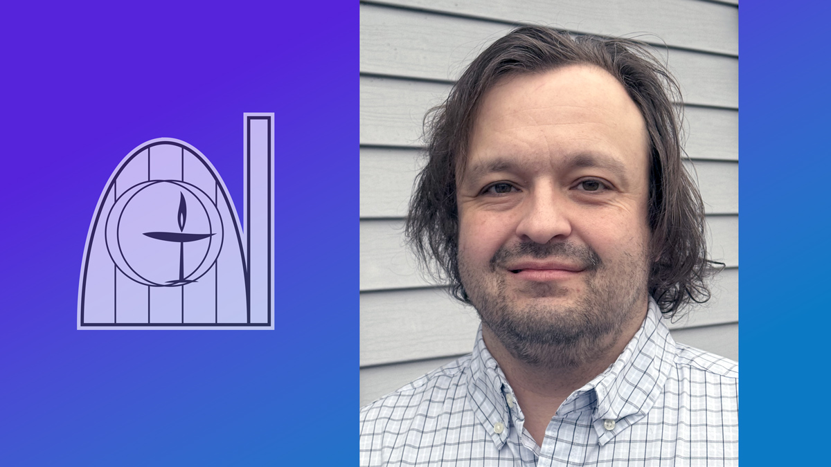 Headshot of Music Director Gregory Moses, to the right, on a purple and blue gradient background with the Murray UU Church logo on the left.