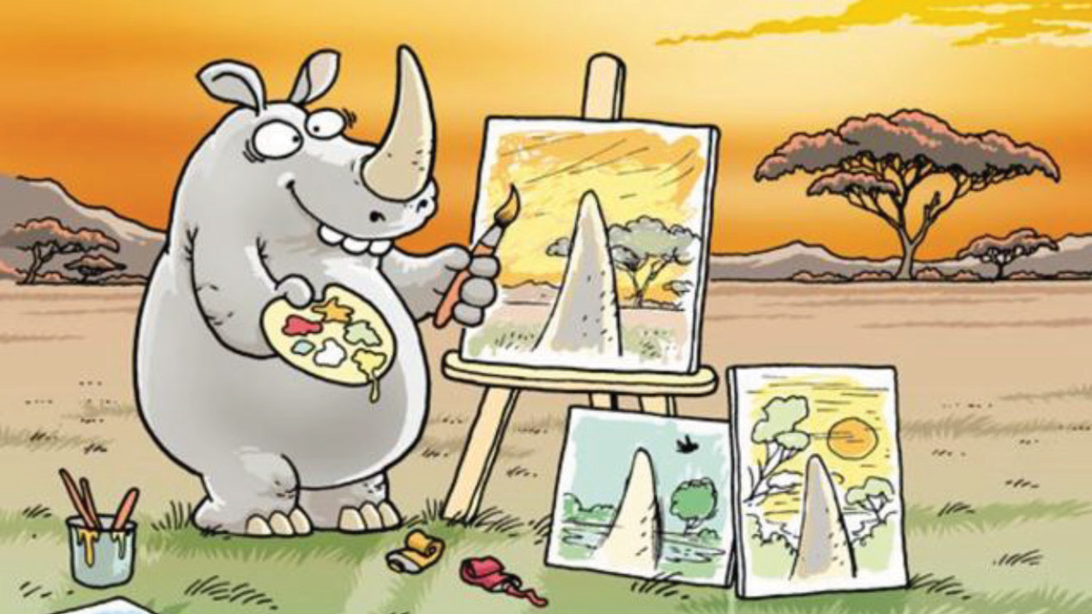 Cartoon of a cross-eyed rhinoceros painting at an easel in the savannah. Two other painting leaning on easel. All of the paintings have the rhino's horn in the middle with the landscape in the background.