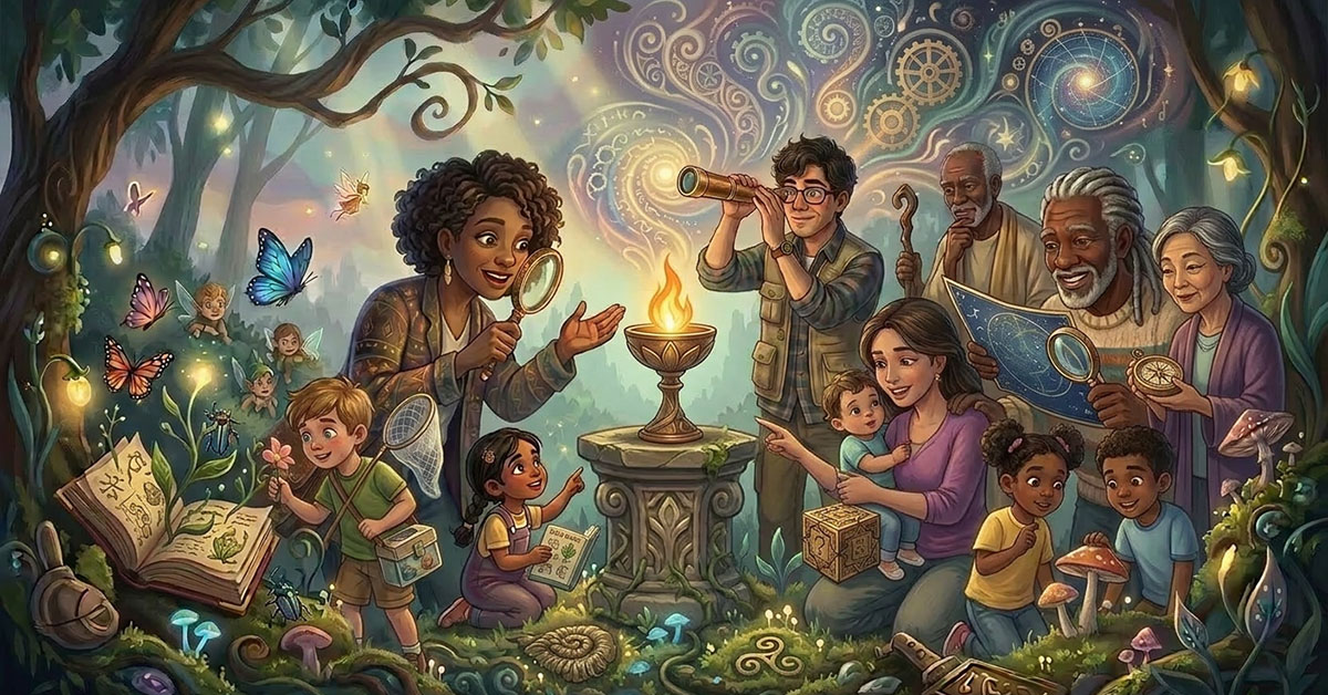 Adobe Firefly. An illustration for a Unitarian Universalist sermon about "getting curious" includes mixed genders and races, and a range of ages, including parents, kids, young adults, and older male and female adults, with no text.