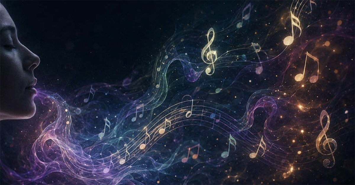 Singing person to the left on a dark background with colorful music notes coming out its mouth