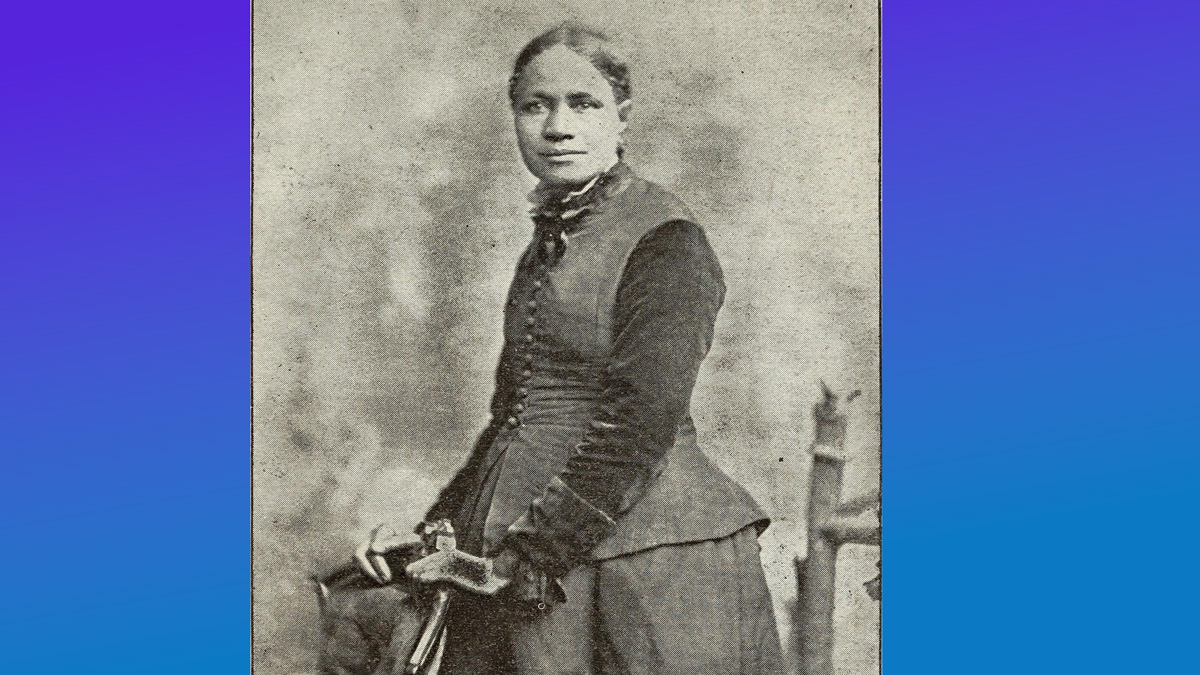 Image of Frances Ellen Watkins Harper on a purple to blue gradient.