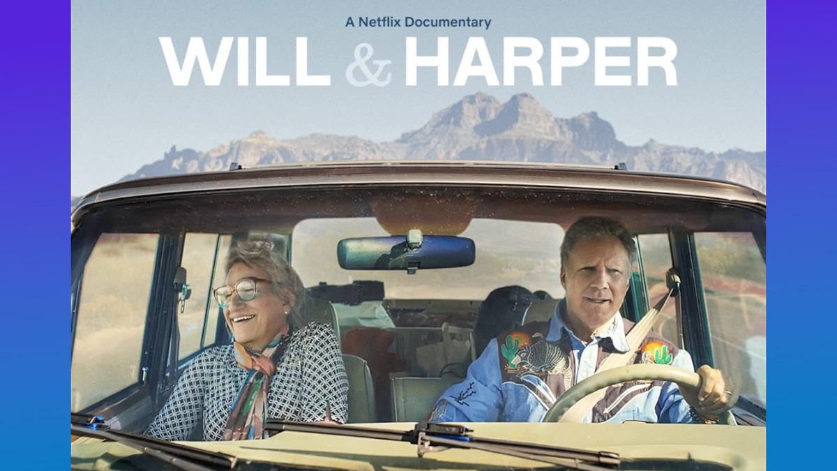 A Netflix documentary Will & Harper Image of Will behind the wheel of a vehicle and Harper in the pasenger seat. Mountains in the background.