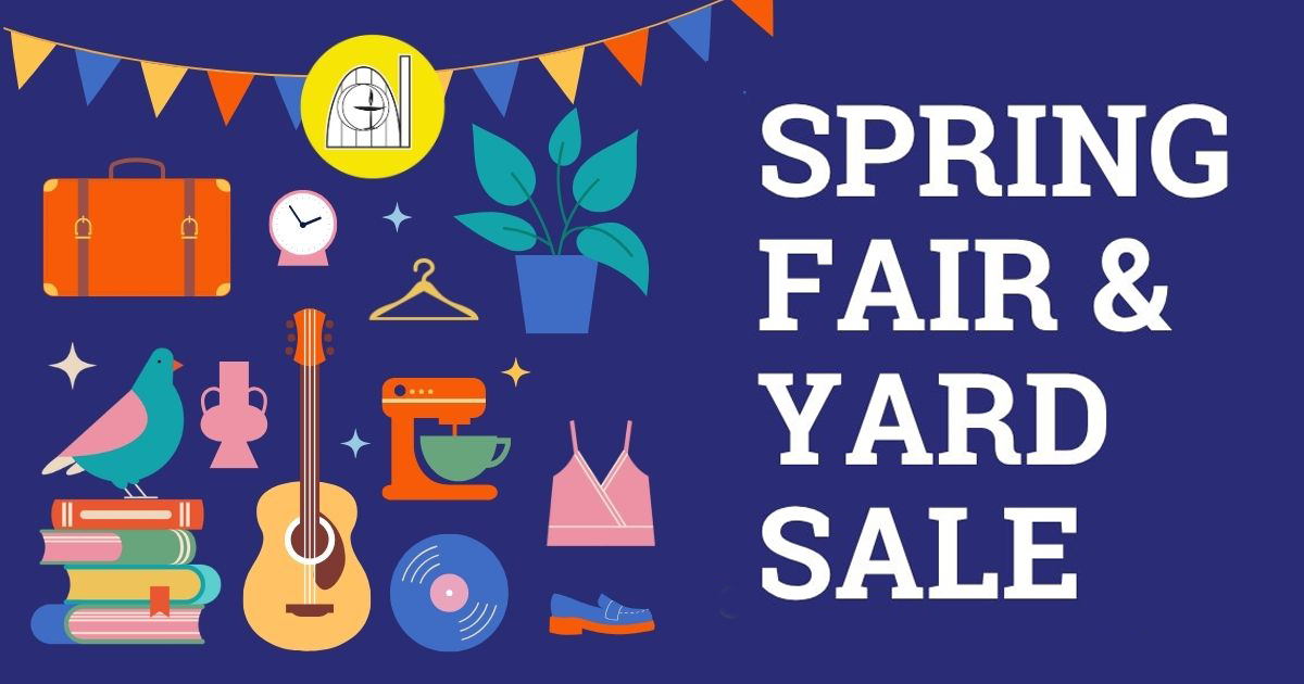 Spring Fair & Yard Sale, dark blue background with graphics of various yard sale items